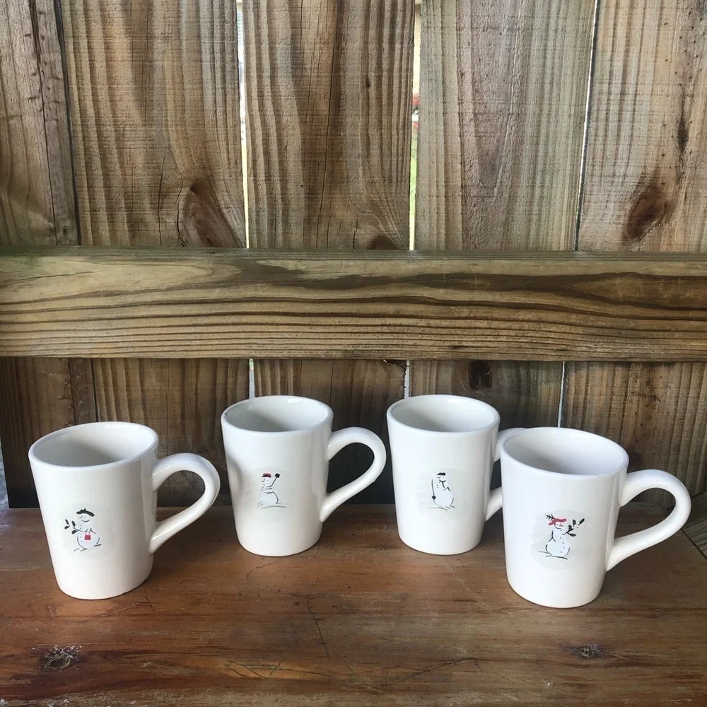 Set of 4 Williams Sonoma 2003 Retired Holiday Snowman Pattern 10oz Coffee Mugs